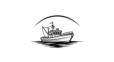 Naklejka premium Stylized black and white illustration of a fishing boat on water