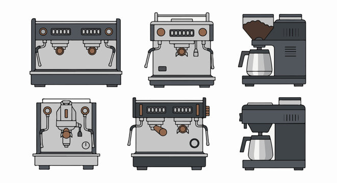 Six cartoon-style coffee makers, including espresso machines, grinders and drip coffee makers