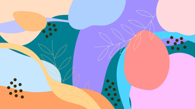 Abstract Background With Hand Drawn Organic Shapes and Leaves Modern Minimal Style Flat Colorful Design Vector. Ideal for Social Media Posts, Website Banners, Presentations, Branding and Digital 