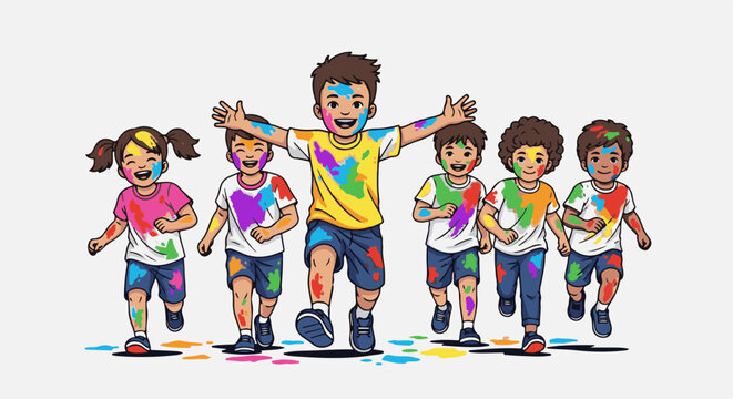 Six children, covered in bright paint splatters, joyfully run together in a line