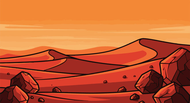 Stylized alien desert with rolling hills and rocky terrain