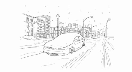 Fototapeta premium Snowy city street with a car covered in snow and buildings