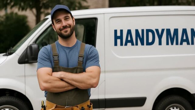 Positive young serviceman with a beard wearing a uniform and a tool belt. Professional male worker with arms crossed smiling and looking at camera in front of his commercial vehicle