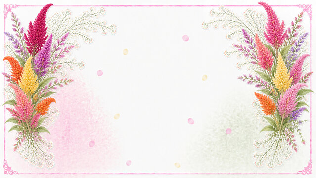 Watercolor Celosia Cockscomb Floral Frame Background with Vivid Red and Pink Blooms, Elegant Border