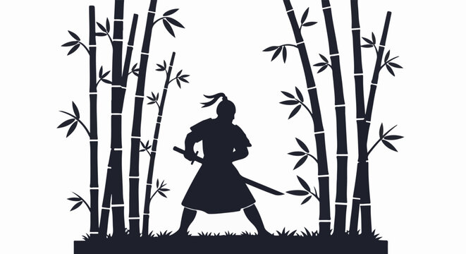 Silhouette of a warrior with a sword standing in a bamboo forest