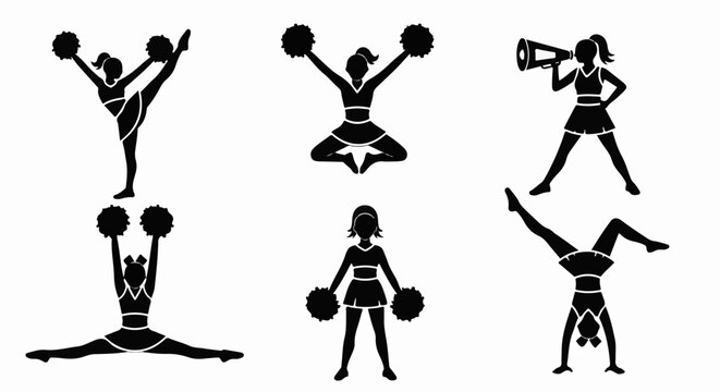 Six silhouette cheerleaders perform various athletic poses with pom-poms