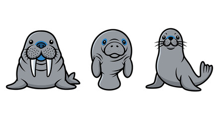 Cute Cartoon Sea Mammals Set Including Walrus Manatee and Seal © Ibnu