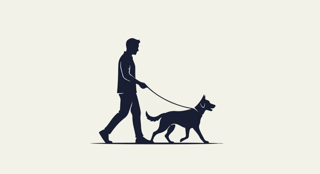 Silhouette of a person walking a dog on a leash outdoors