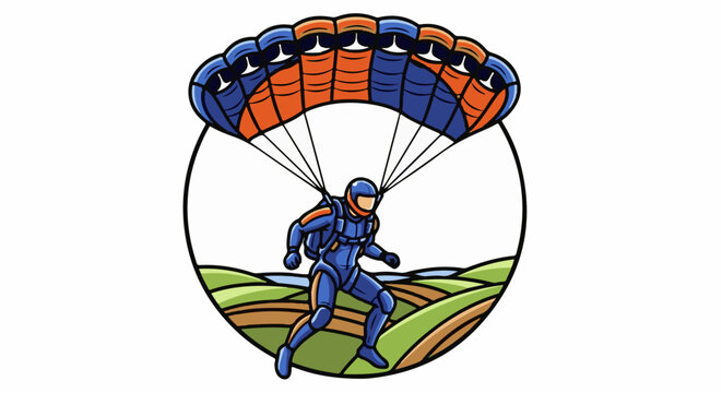 Skydiver descending over rolling hills, blue and orange parachute