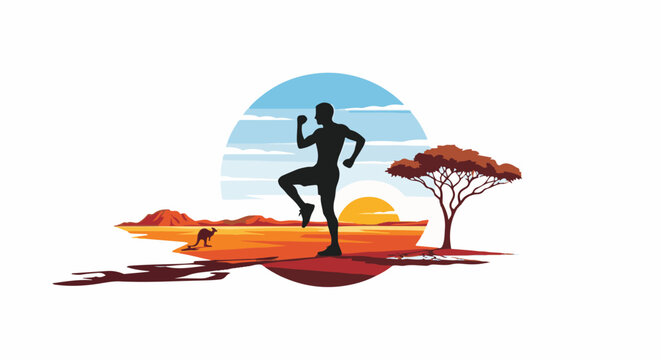 Silhouette of a person exercising in a desert landscape at sunset with a kangaroo