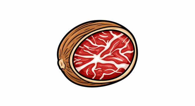 Sliced nutmeg seed with distinct brown husk and vibrant red interior