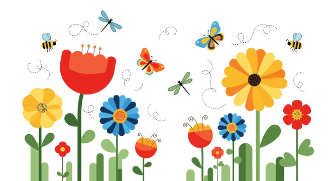 Vibrant Spring Garden with Flowers, Bees, Butterflies, and Dragonflies in Flat Design