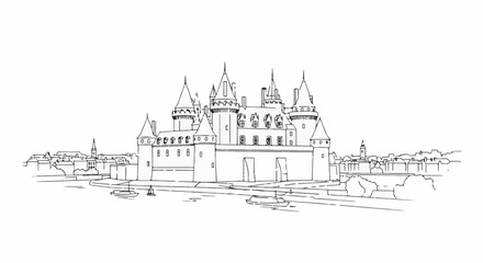 Obraz premium Sketch of a grand castle with spires and a waterfront cityscape