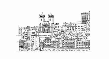 Obraz premium Sketch of a historic city skyline with a prominent cathedral and clustered buildings