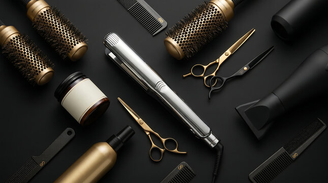 Luxury professional barber tools on black background with gold scissors and hair dryer for salon equipment mockup