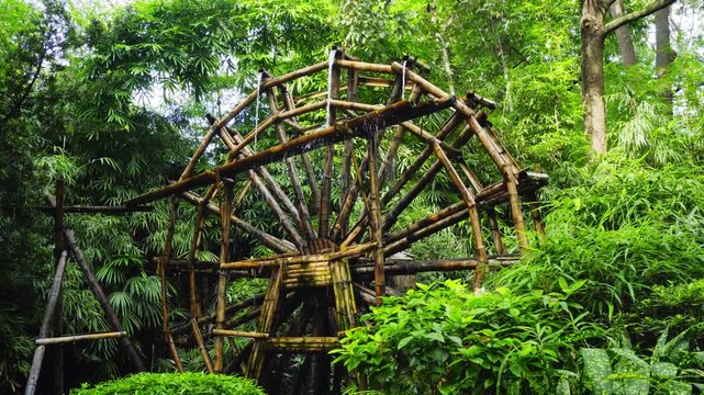 Bamboo waterwheel spinning in lush green forest canopy