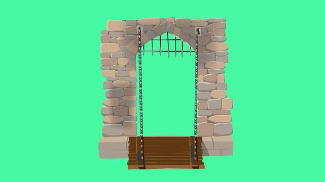 medieval castle's drawbridge, 4K vector animation on transparent background