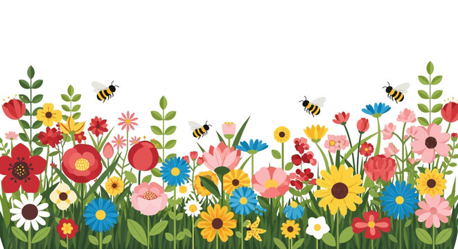 Vibrant Wildflower Meadow with Bees, Spring Summer Floral Border, Nature Background