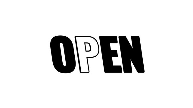 A bold black uppercase text reading OPEN in a stylized font representing business hours, store status, availability, or an open door signal