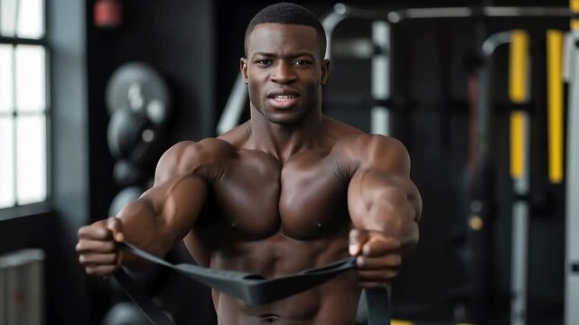 Strong african american man with a naked torso looking at the camera while performing a chest exercise with a resistance band, showcasing his well defined pectoral and arm muscles in a modern gym
