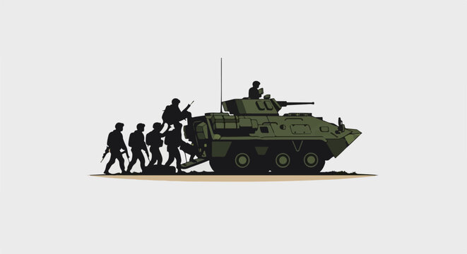 Soldiers ascend an armored vehicle, silhouettes against a light background