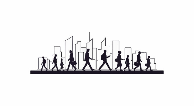 Silhouetted figures walk across a city skyline backdrop