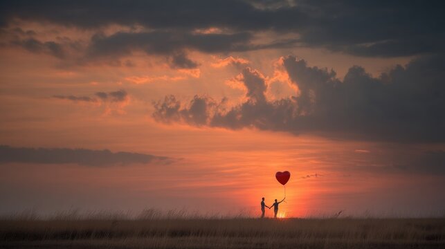 Romantic Sunset Couple Holding Heart Shaped Balloon in Open Field