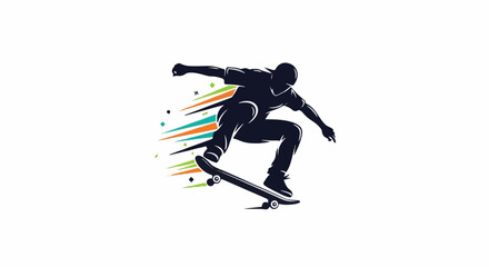 Fototapeta premium Silhouetted skateboarder mid-air with colorful motion lines