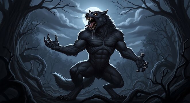 Fearsome werewolf creature prowling under moonlight in dark forest