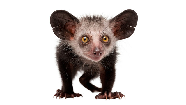 Rare aye aye lemur from Madagascar looking curious isolated on transparent background
