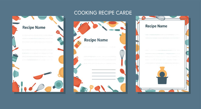 Set of three elegant cooking recipe card templates decorated with colorful kitchen utensils and tools borders for food preparation notes.