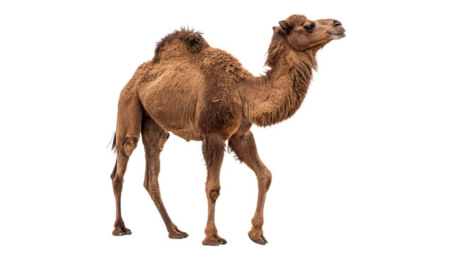 Large dromedary camel standing and looking at camera isolated on transparent background  