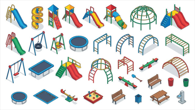 Isometric Playground Equipment Set with Slides, Swings, Trampolines, and Sandbox for Park and Backyard Design