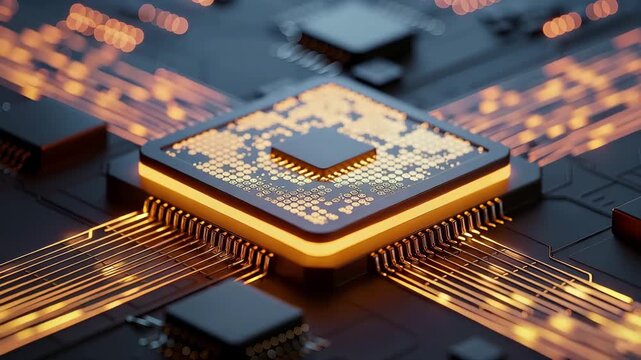 Advanced Microprocessor with Orange Glowing Circuits and Data Streams microchip circuit board