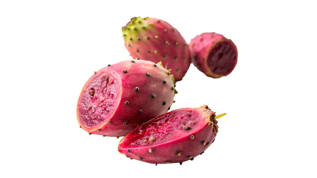 Pink prickly pear cactus fruit sliced and whole isolated on transparent background  