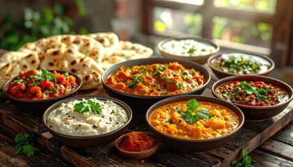 Obraz premium A vibrant and appetizing display of various Indian dishes, including curries, dips, and freshly baked naan bread, arranged on a rustic wooden table.
