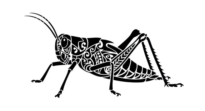 Black grasshopper silhouette with intricate tribal patterns, isolated on white