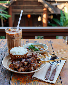 Thai moo ping grilled chicken with sticky rice