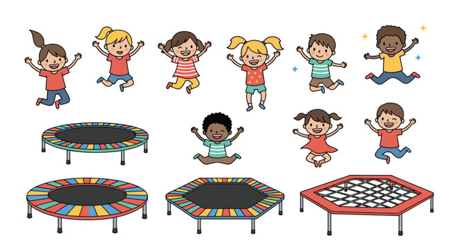 Collection of happy children jumping and bouncing on various types of colorful trampolines in a fun and active vector illustration.