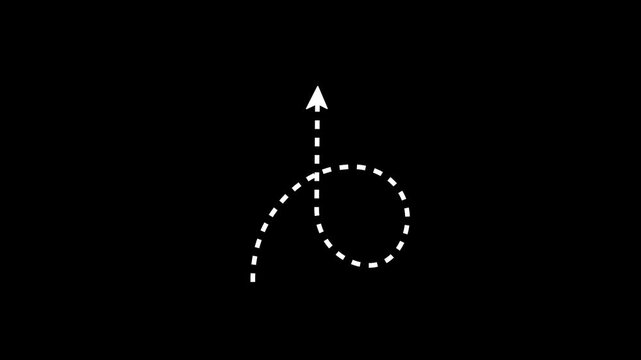 Up arrow animation with curved dotted line, dotted line follows the direction of the arrow, motion graphics, 4K video.