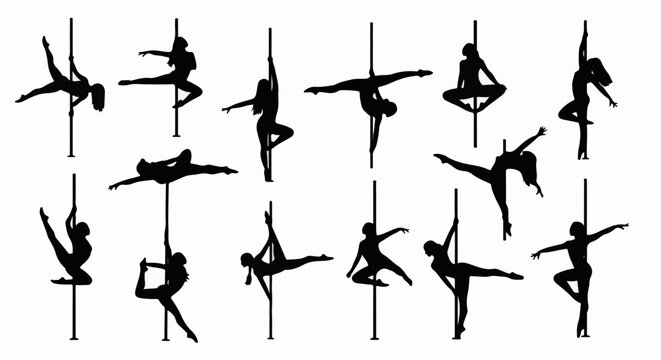 Silhouettes of women performing various pole dancing poses