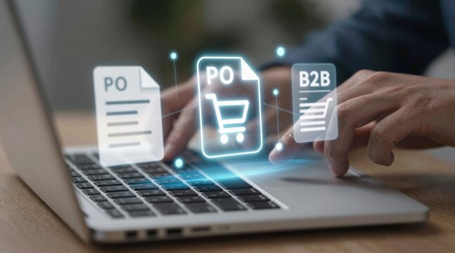 Procurement manager organizing workflow documentation including contracts, purchase orders, bids and compliance records to track costs and improve efficiency in B2B purchase management.