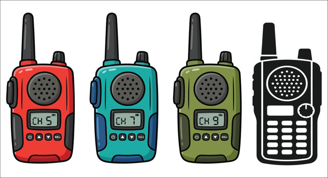 colorful walkie talkies set cartoon style illustration on white background high quality professional