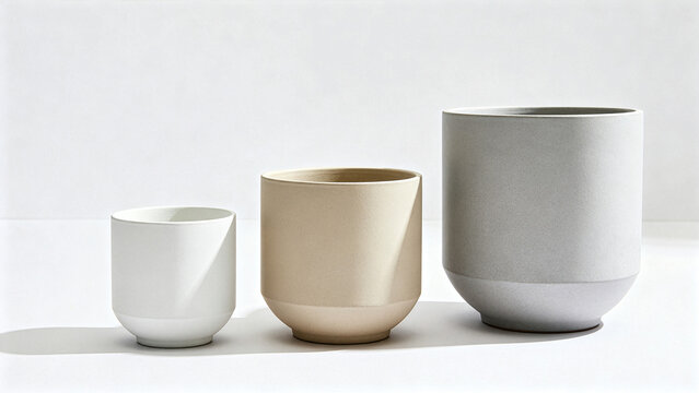 Set of three modern empty ceramic flower pots in neutral colors isolated on white.