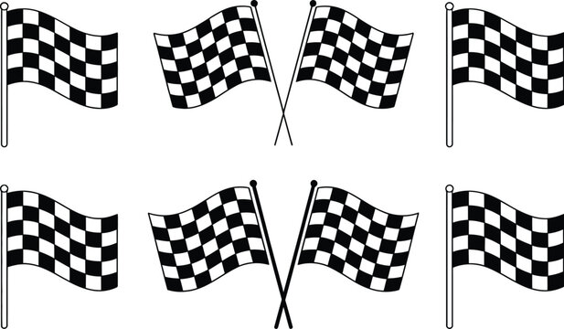 Finish flag icon vector, crossed checkered racing flags with waving 3D effect representing motorsport finish line rally and race competition isolated on white background.
