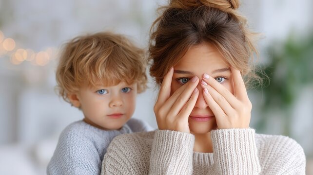 Stressed mother covering face portraying burnout and emotional exhaustion from child with parenting challenges