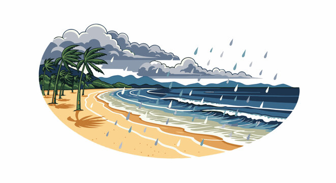 Stormy beach with rain falling on palm trees and ocean waves