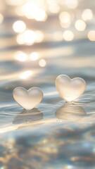 Fototapeta premium Glass heart shapes floating on shimmering water, reflecting warm sunlight and creating a serene, atmosphere and pure loving