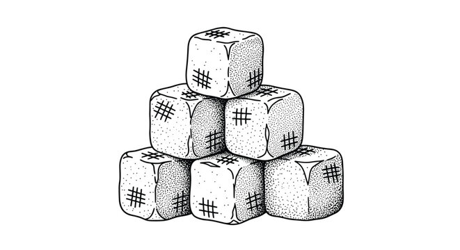Detailed black and white stipple drawing of a pile of sugar cubes stacked in a pyramid shape on a plain white background.