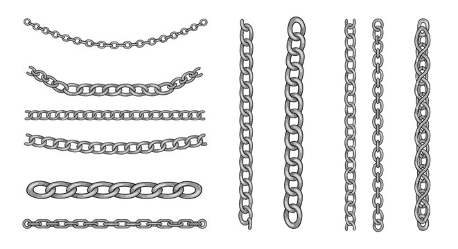 Comprehensive set of various metal chain designs in different shapes, sizes, and orientations for security and industrial design.